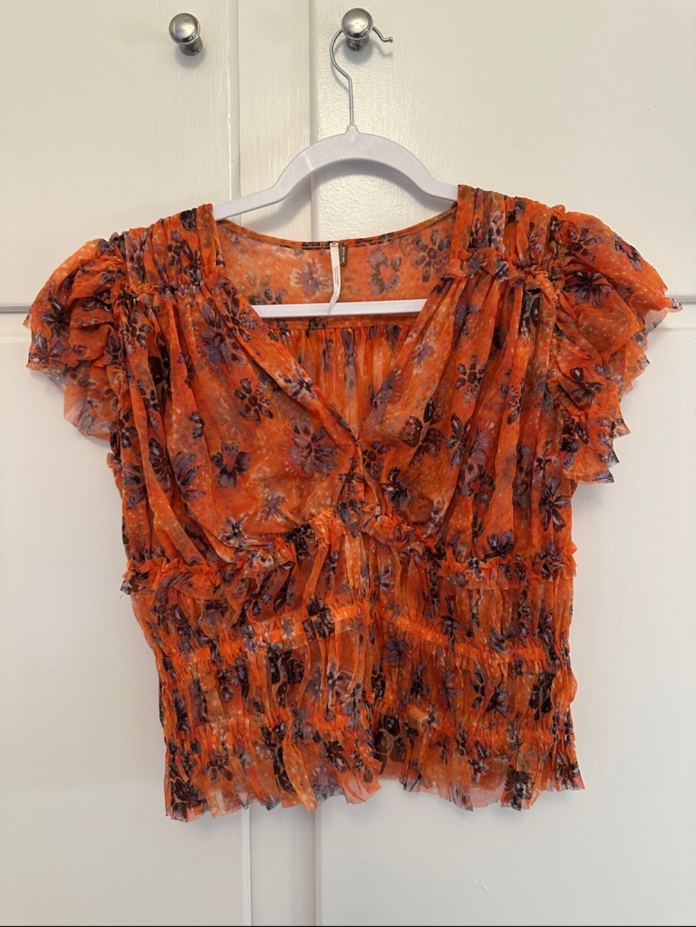 EUC Free People Orange Floral Mesh Sheer Blouse Top